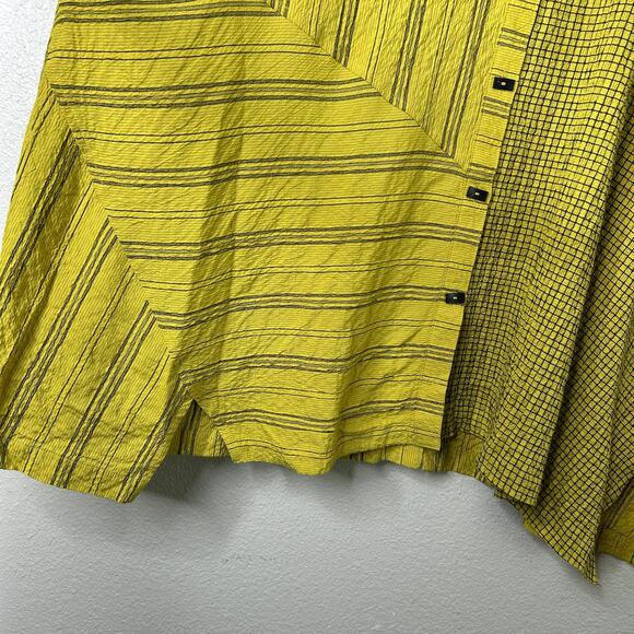 Ali Miles Wearable Art Asymmetric Tunic Citron 2X Crinkle Striped Button Blouse - Picture 8 of 13
